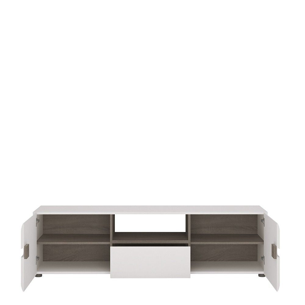 Low Wide White Gloss and Natural Oak Trim TV Unit