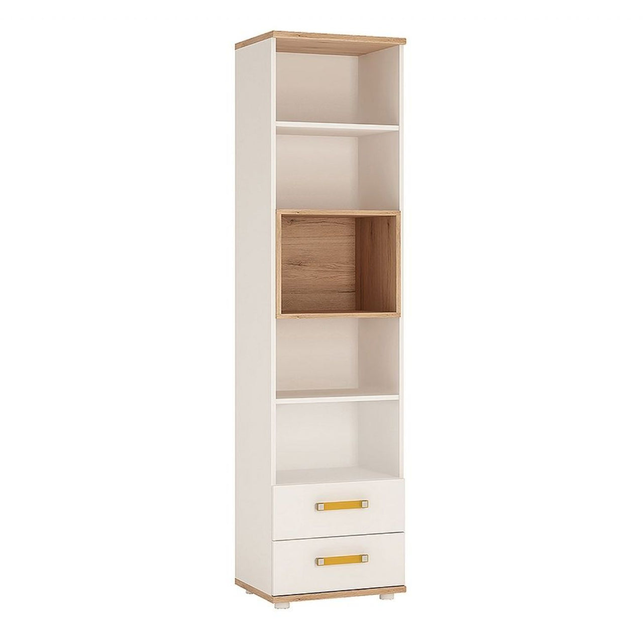 Kids Tall Slim Narrow Light Oak and White High Gloss 2 Drawer Bookcase