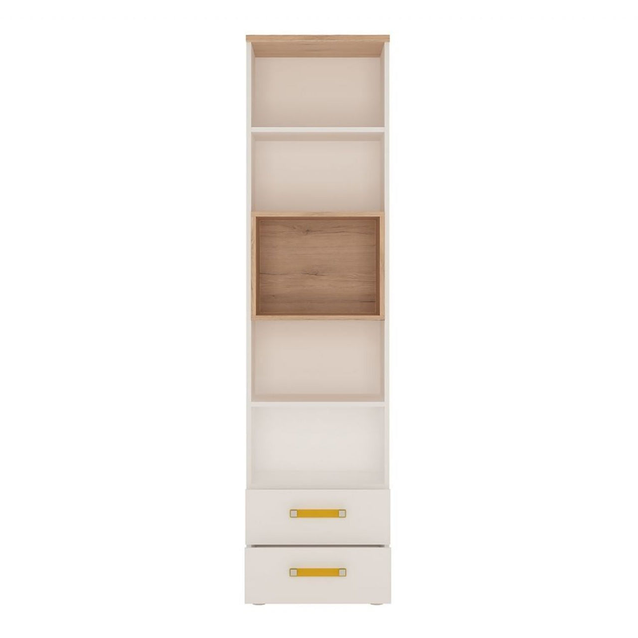 Kids Tall Slim Narrow Light Oak and White High Gloss 2 Drawer Bookcase