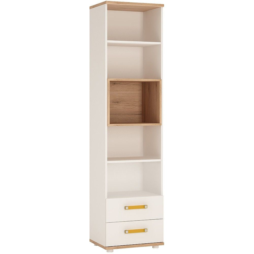 Kids Tall Slim Narrow Light Oak and White High Gloss 2 Drawer Bookcase