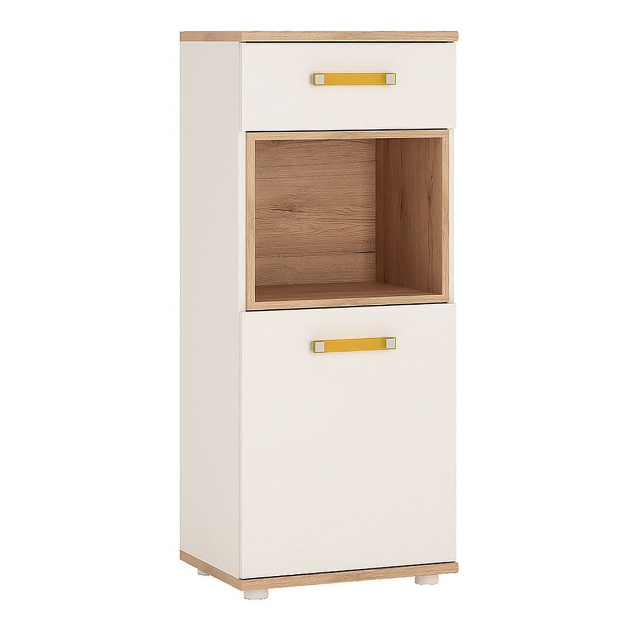 Kids Oak and White High Gloss 1 Door 1 Drawer Narrow Cabinet Cupboard