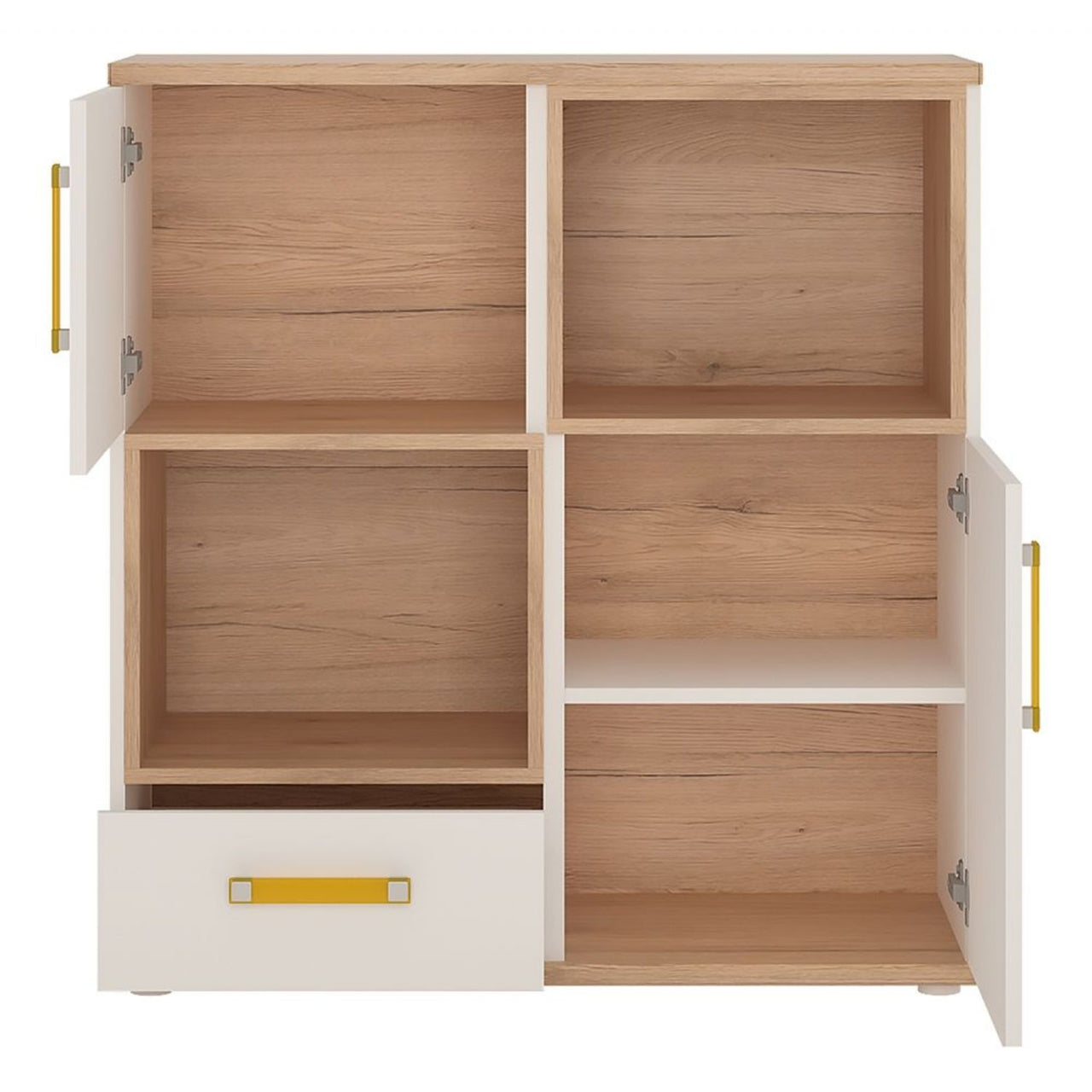 Kids White High Gloss Light Oak Trim 2 Door 1 Drawer Cupboard 2 Open Shelves