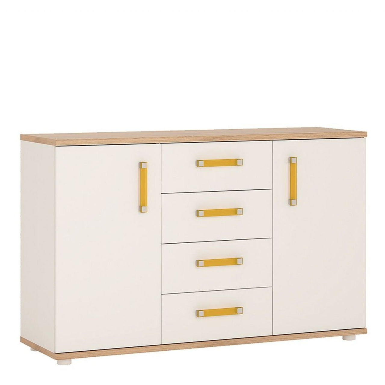 Kids White High Gloss 2 Door 4 Drawer Sideboard With Orange Bar Handles