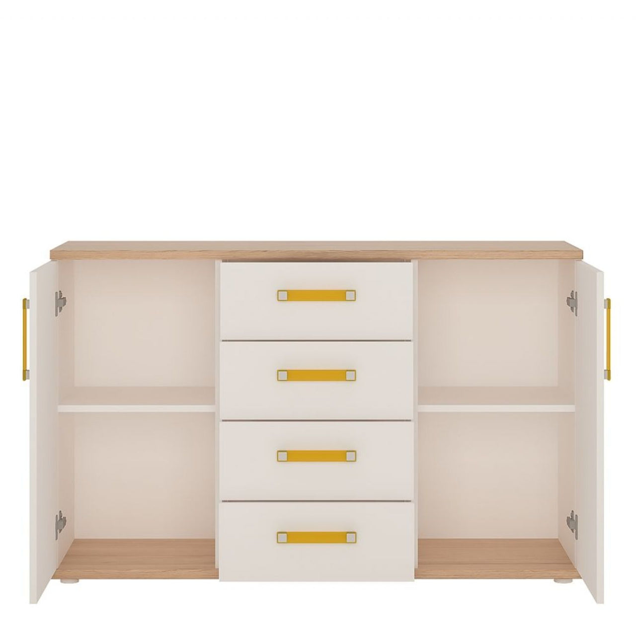 Kids White High Gloss 2 Door 4 Drawer Sideboard With Orange Bar Handles