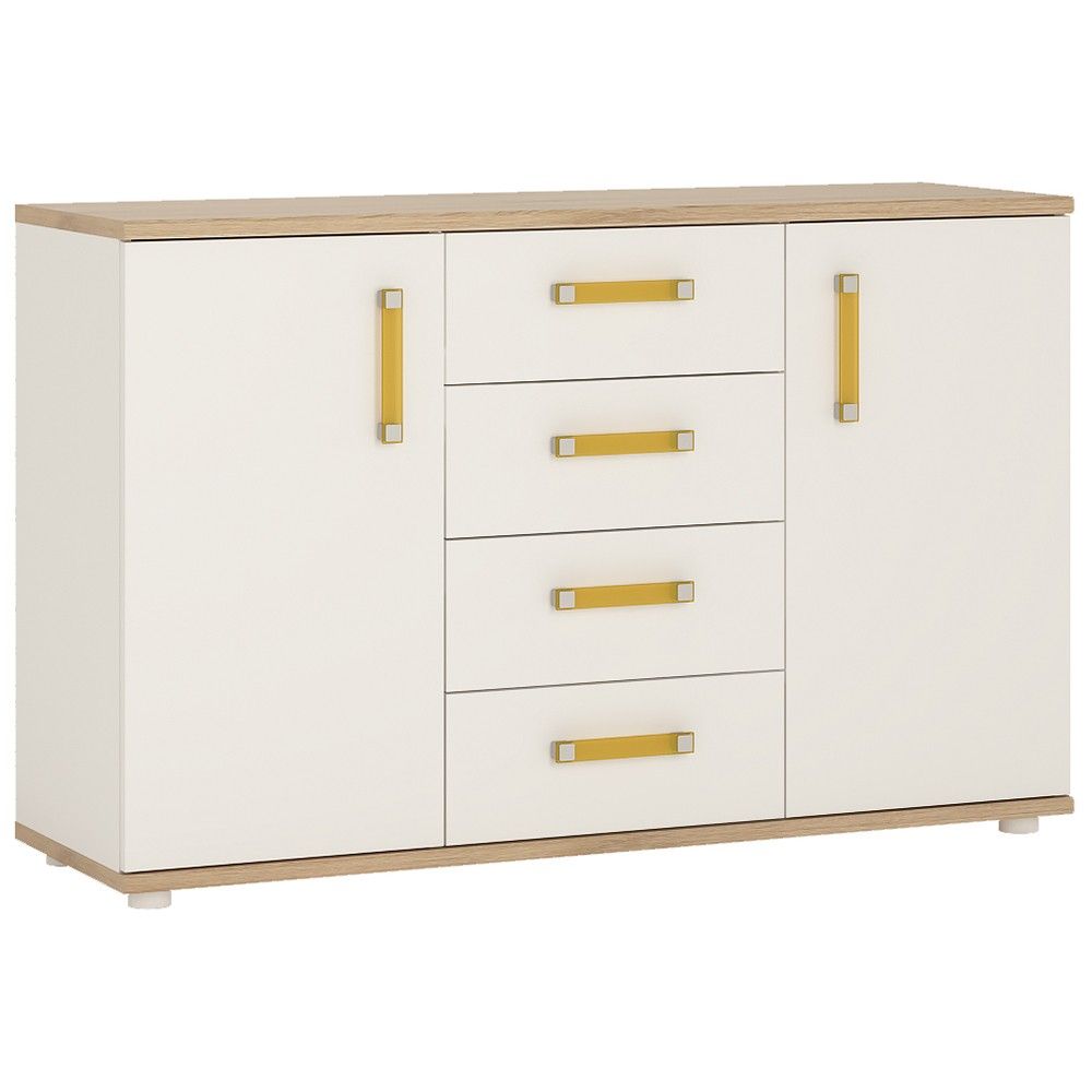 Kids White High Gloss 2 Door 4 Drawer Sideboard With Orange Bar Handles