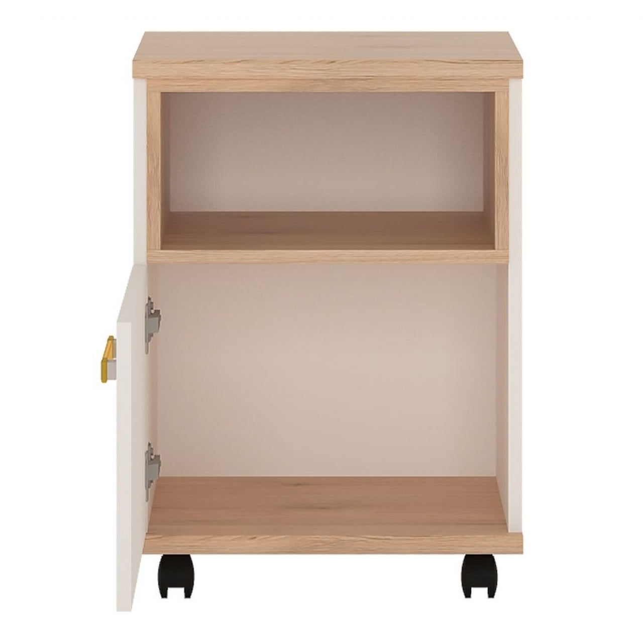 Kids Light Oak and White High Gloss 1 Door Mobile Chest Open Shelf Orange Handle