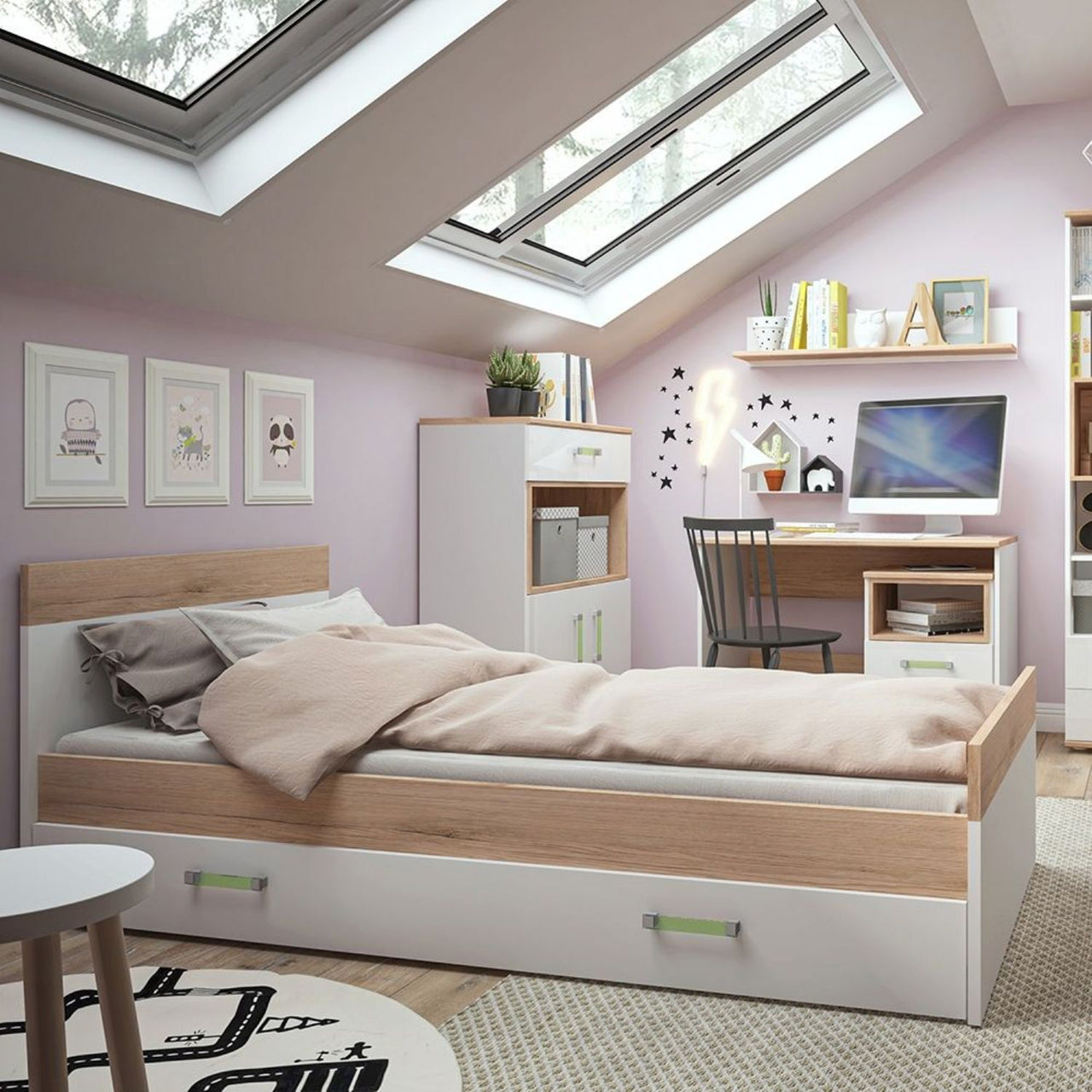 Kids White High Gloss Light Oak 3ft Single Bed With Under Drawer