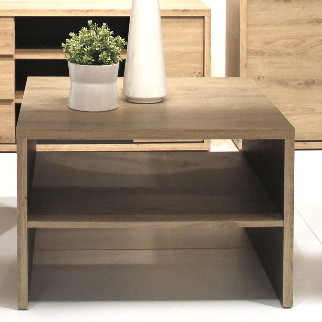 Modern Dark Oak Small Square Coffee Sofa Table With Shelf