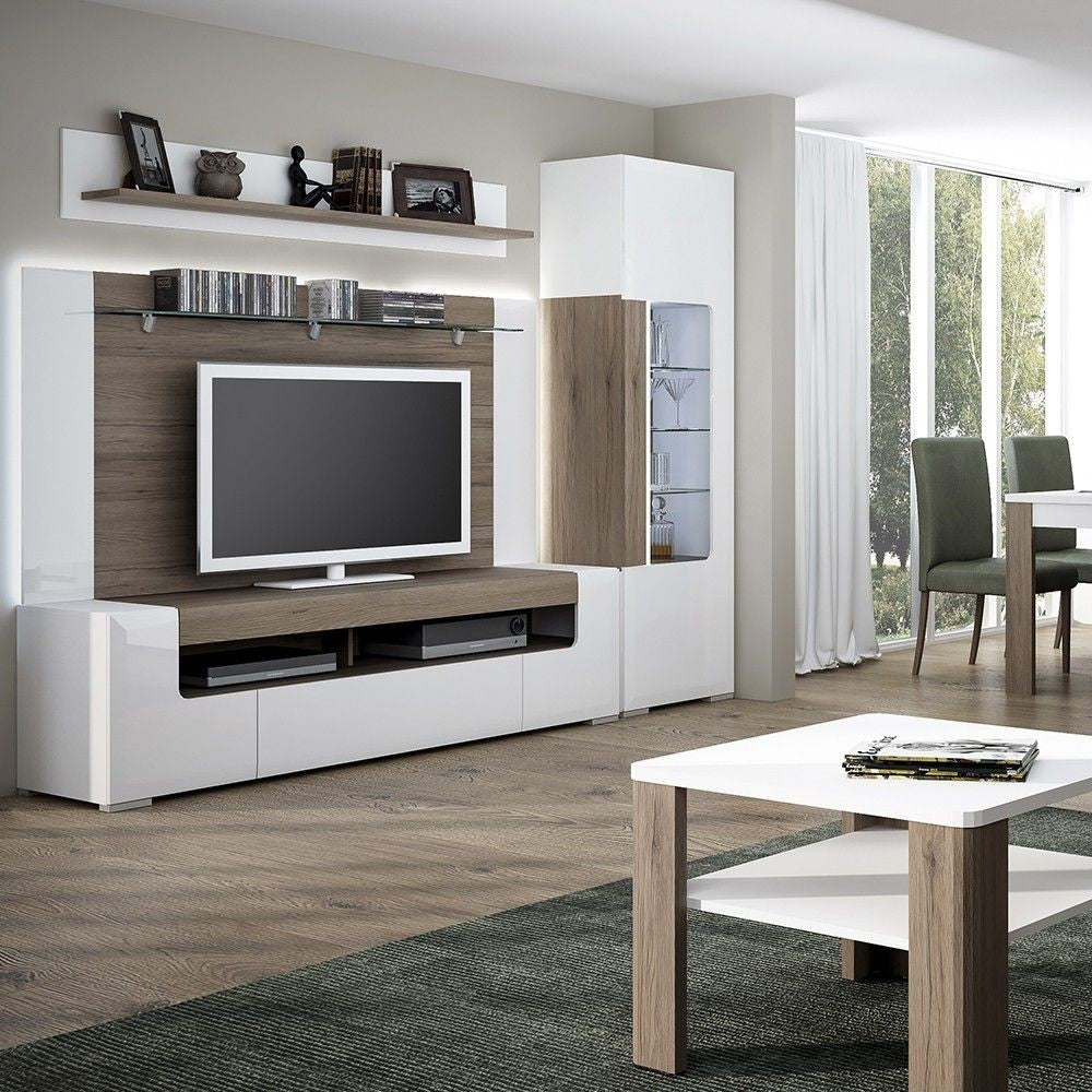 Modern Oak and White High Gloss Extra Wide Low TV Cabinet