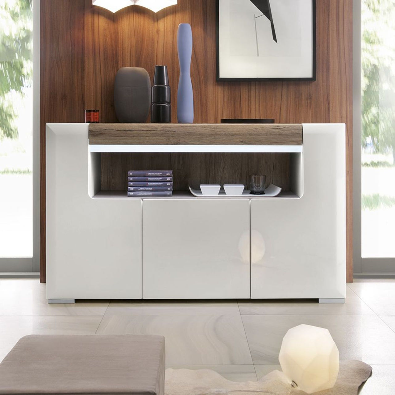 Modern Wide White High Gloss 3 Door Large Sideboard Open Shelf