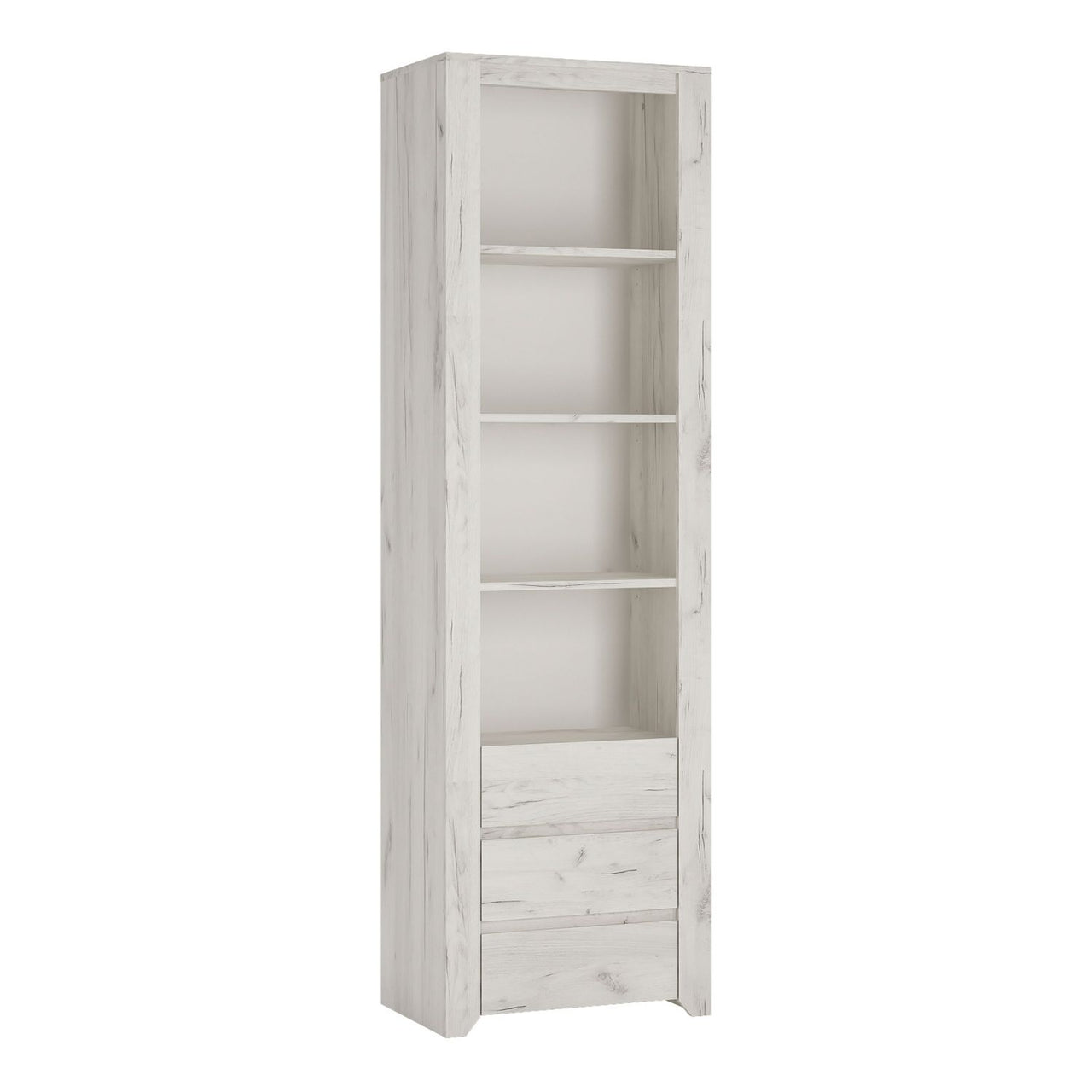 White Crafted Oak Effect Tall Slim Narrow 3 Drawer Bookcase