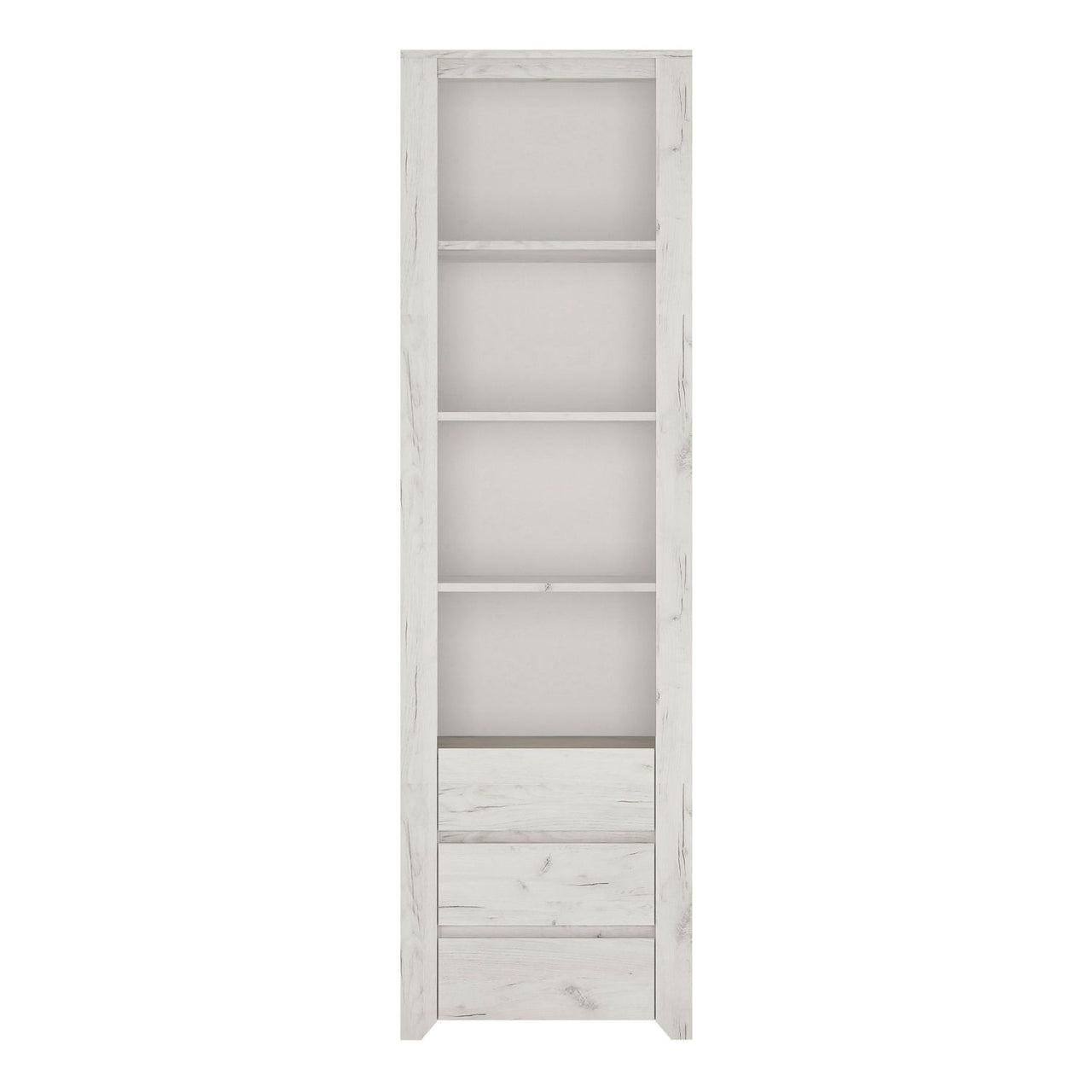 White Crafted Oak Effect Tall Slim Narrow 3 Drawer Bookcase