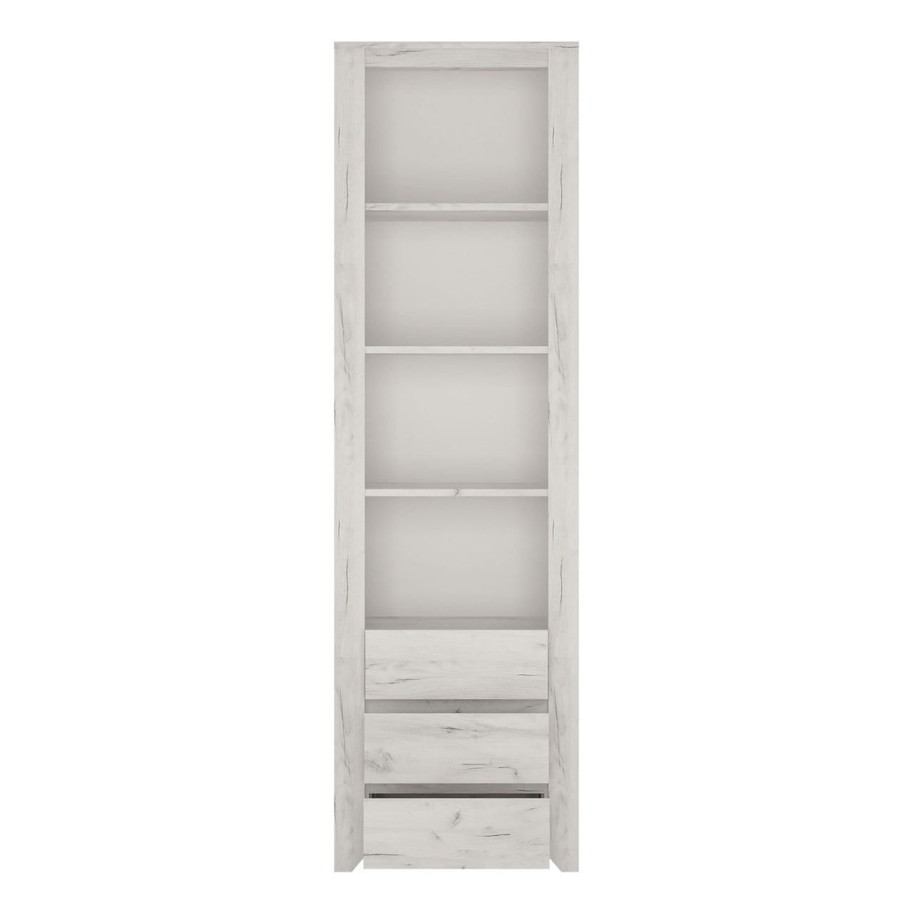 White Crafted Oak Effect Tall Slim Narrow 3 Drawer Bookcase