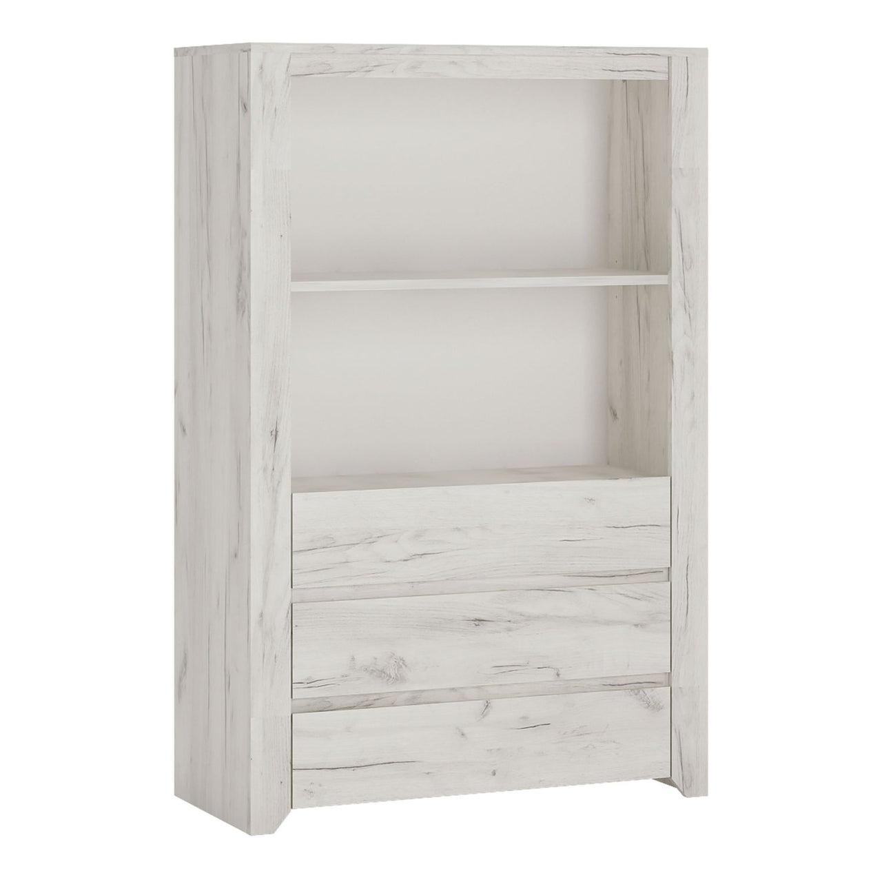 White Crafted Oak Effect 3 Drawer Cupboard Cabinet With Open Shelf