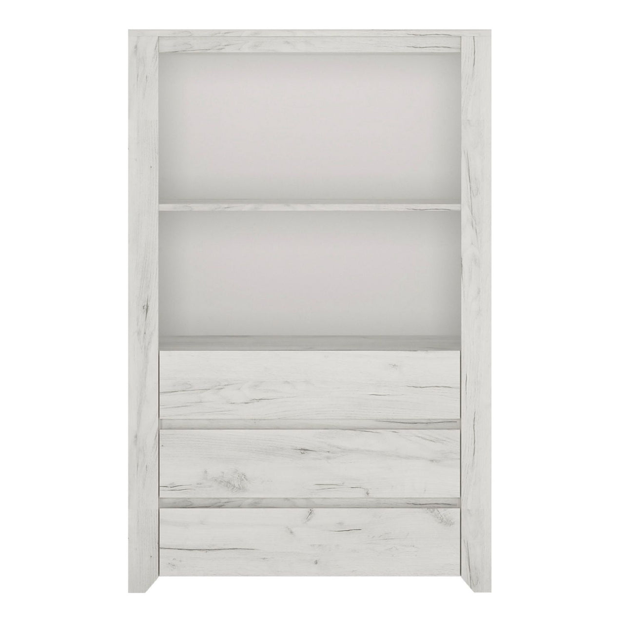 White Crafted Oak Effect 3 Drawer Cupboard Cabinet With Open Shelf