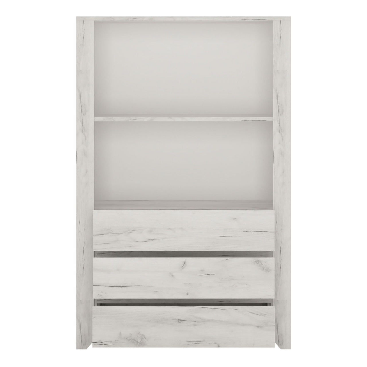 White Crafted Oak Effect 3 Drawer Cupboard Cabinet With Open Shelf