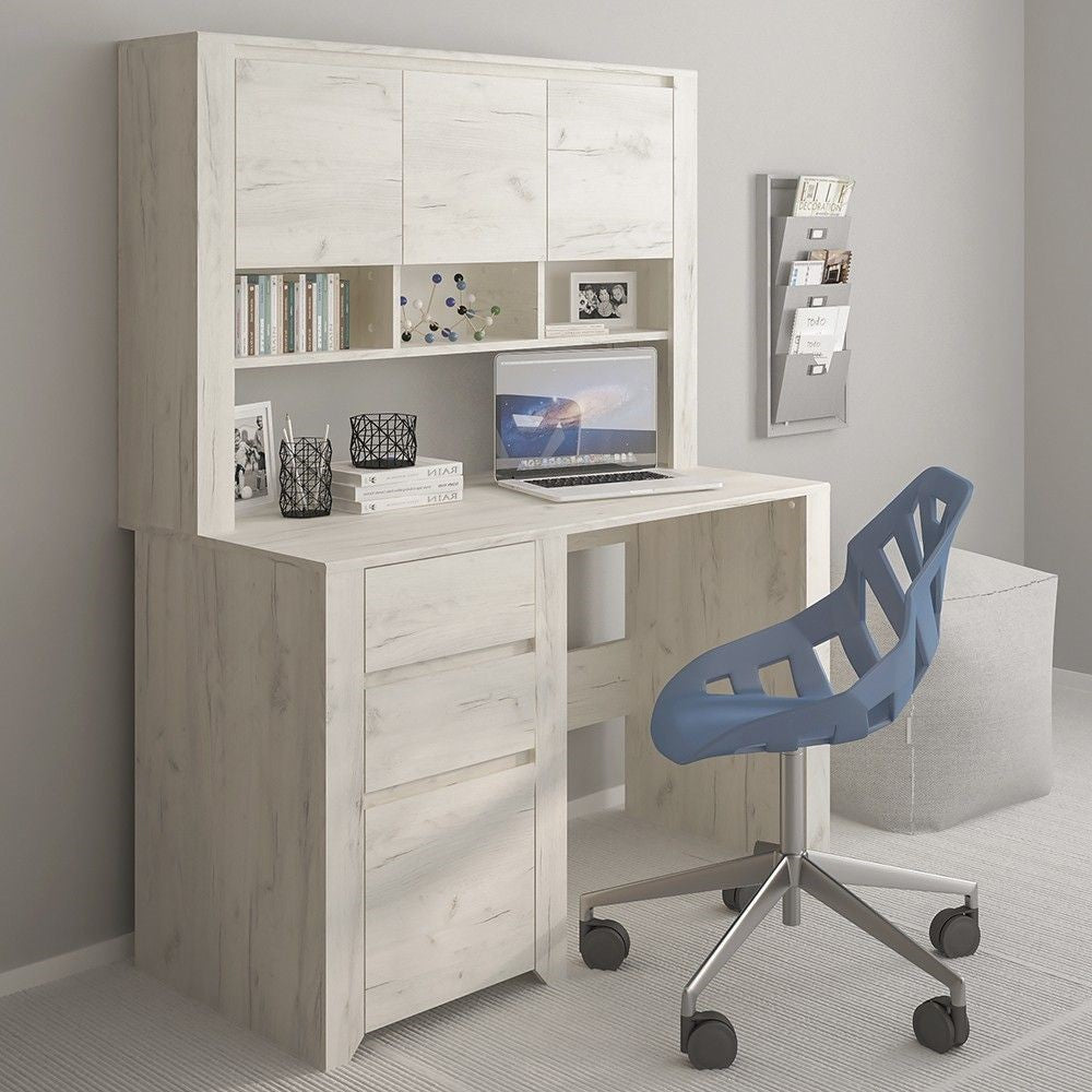 Modern White Crafted Oak Effect Top Unit for Desk 3 Doors 3 Shelves