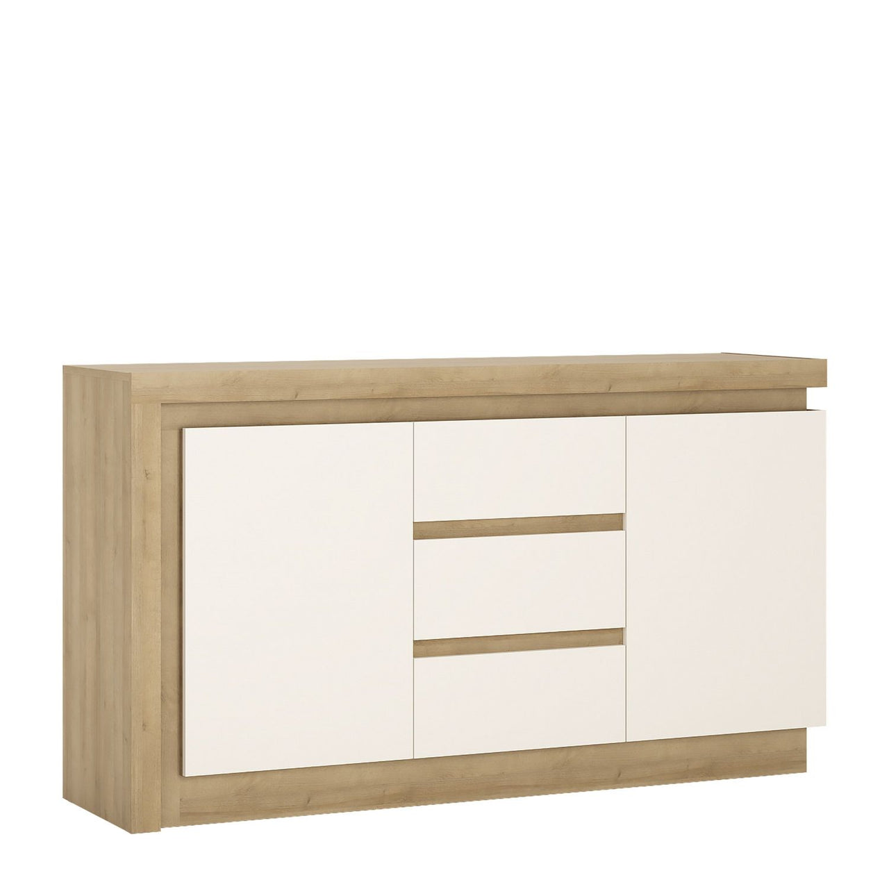 Modern Large White High Gloss 2 Door 3 Drawer Sideboard In Oak Top