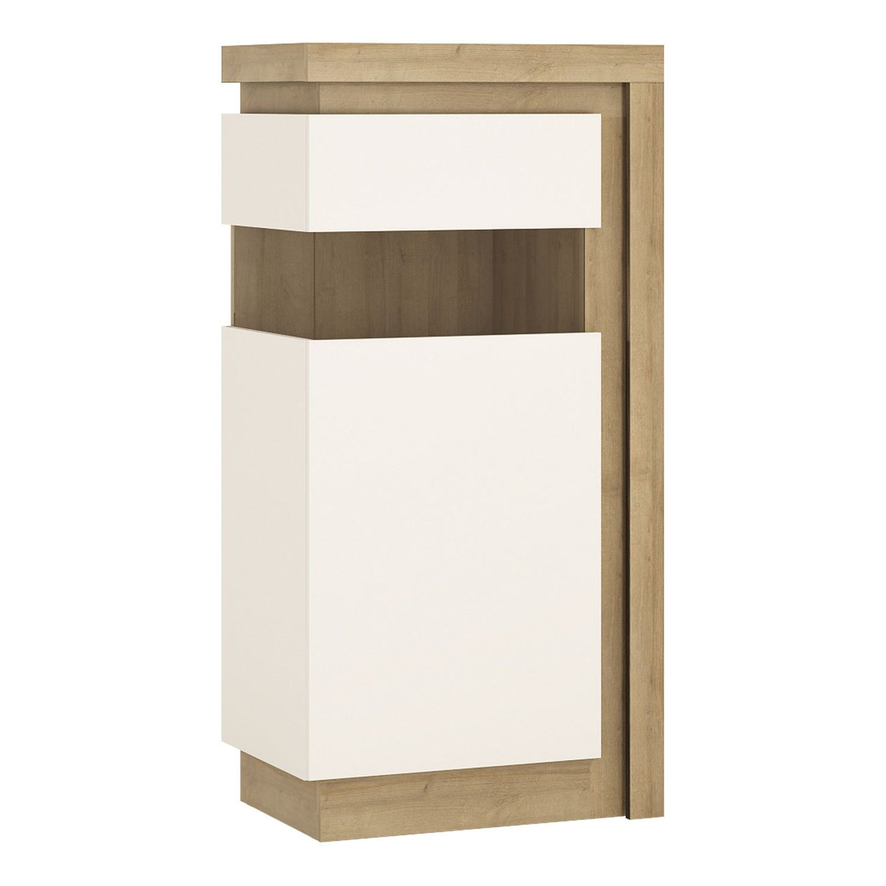 Tall Narrow Display Cabinet in Oak White High Gloss 123.6cm Tall LHD