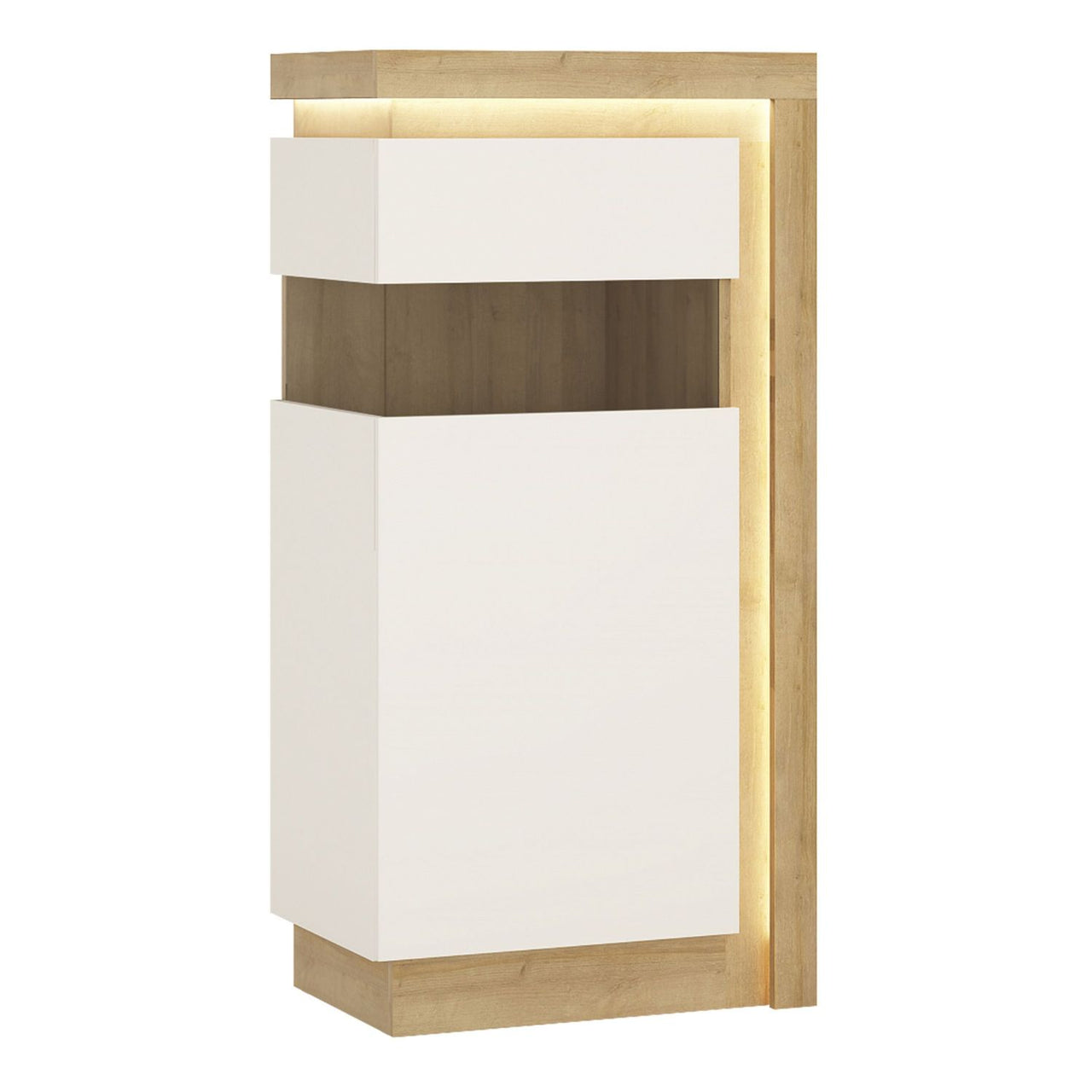 Tall Narrow Display Cabinet in Oak White High Gloss 123.6cm Tall LHD