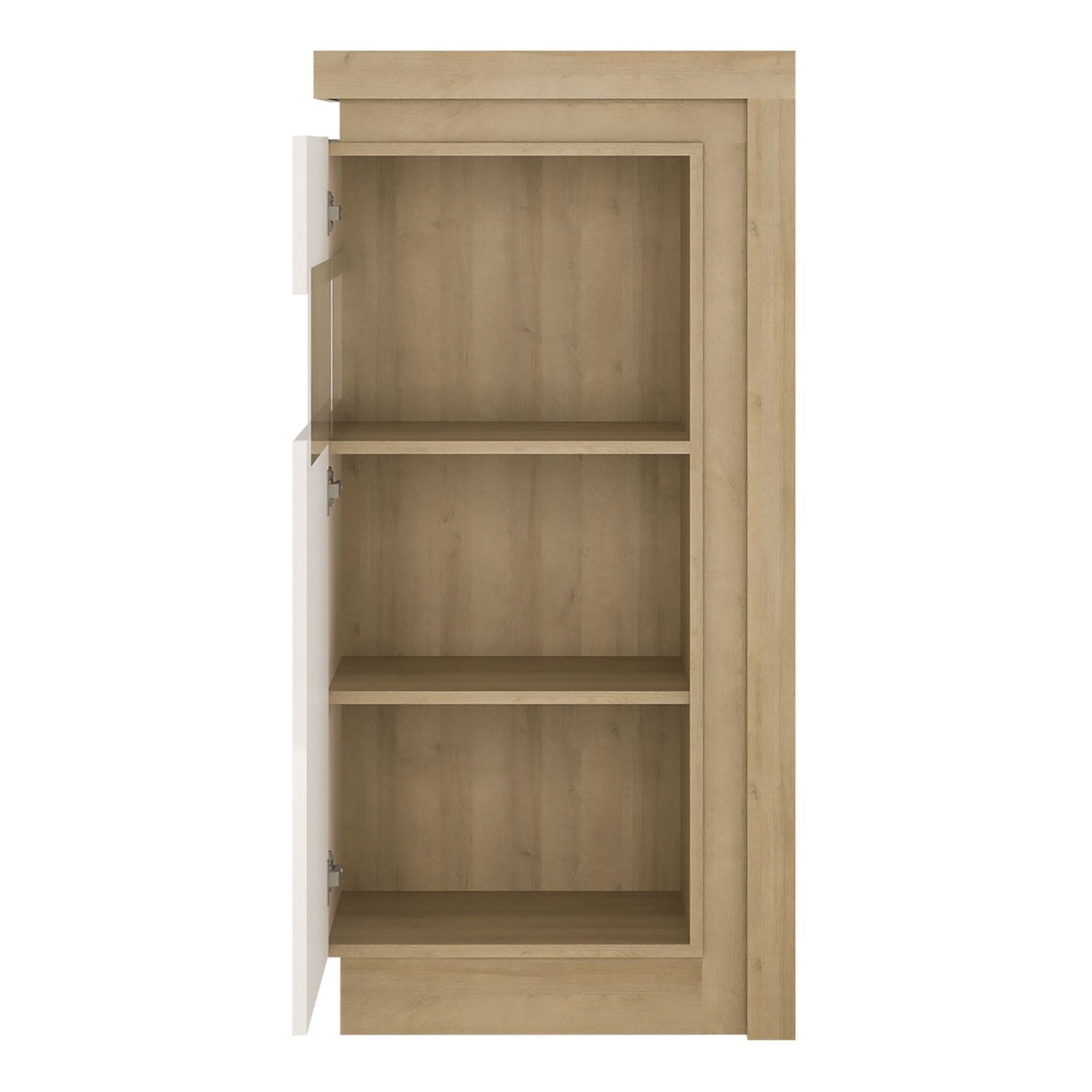 Tall Narrow Display Cabinet in Oak White High Gloss 123.6cm Tall LHD