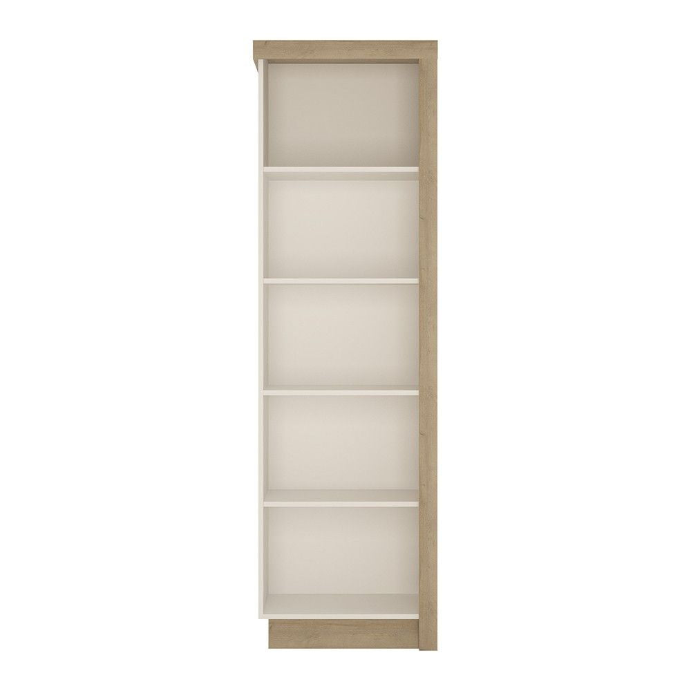 199cm Tall Slim Narrow Bookcase LH Light Oak and White High Gloss