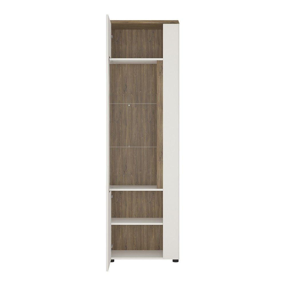 Tall Narrow Glazed Display Cabinet LHD In White With Oak Top