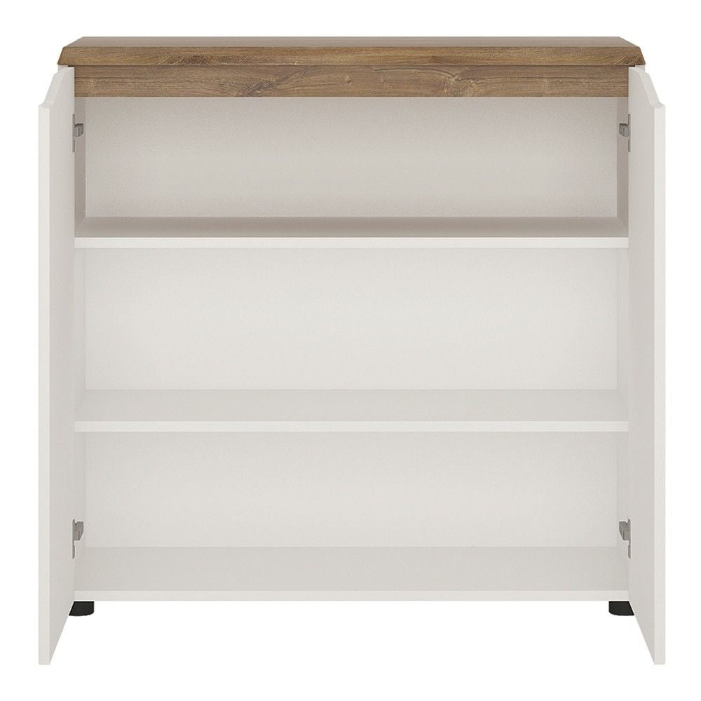 White High Gloss and Medium Oak 2 Door Sideboard No Handles 90cm Wide