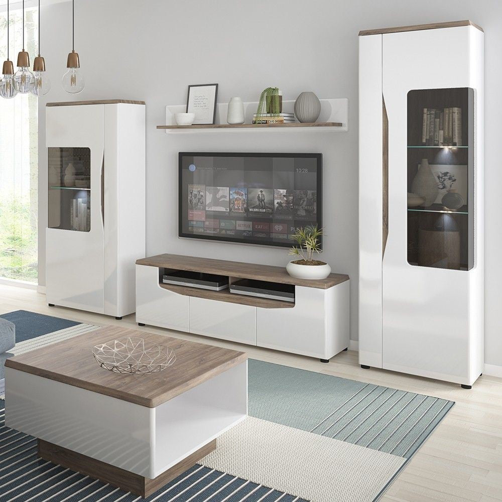 Modern White High Gloss and Oak 2 Door 1 Drawer TV Media Unit