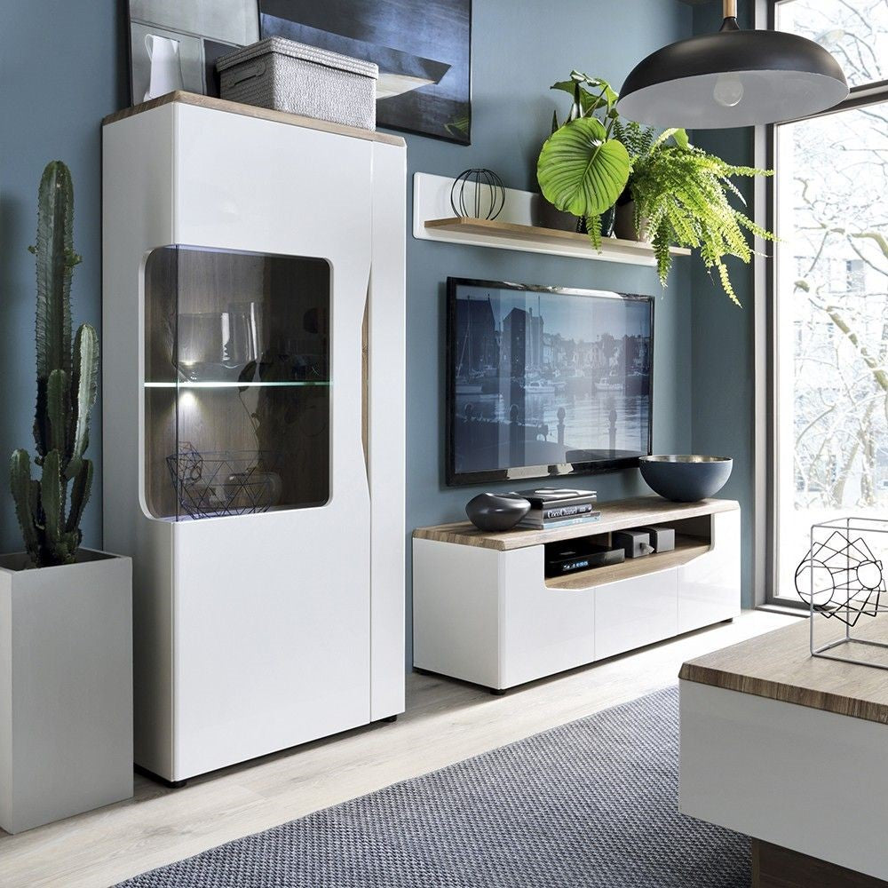 Modern Narrow Glazed Display Cabinet LHD In White With Oak Top