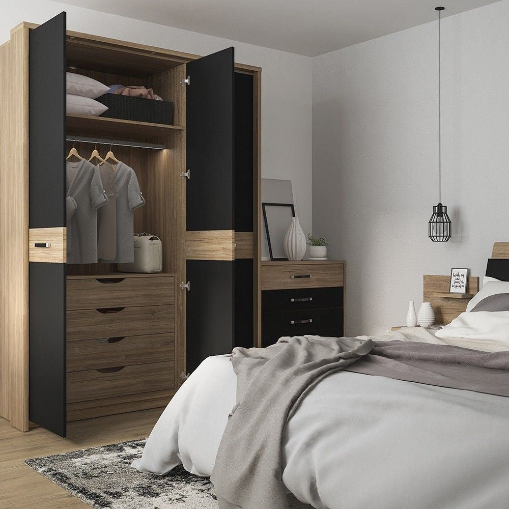 Industrial 2 Door 5 Drawer Wide Large Cupboard Sideboard in Oak With Matt Black Fronts