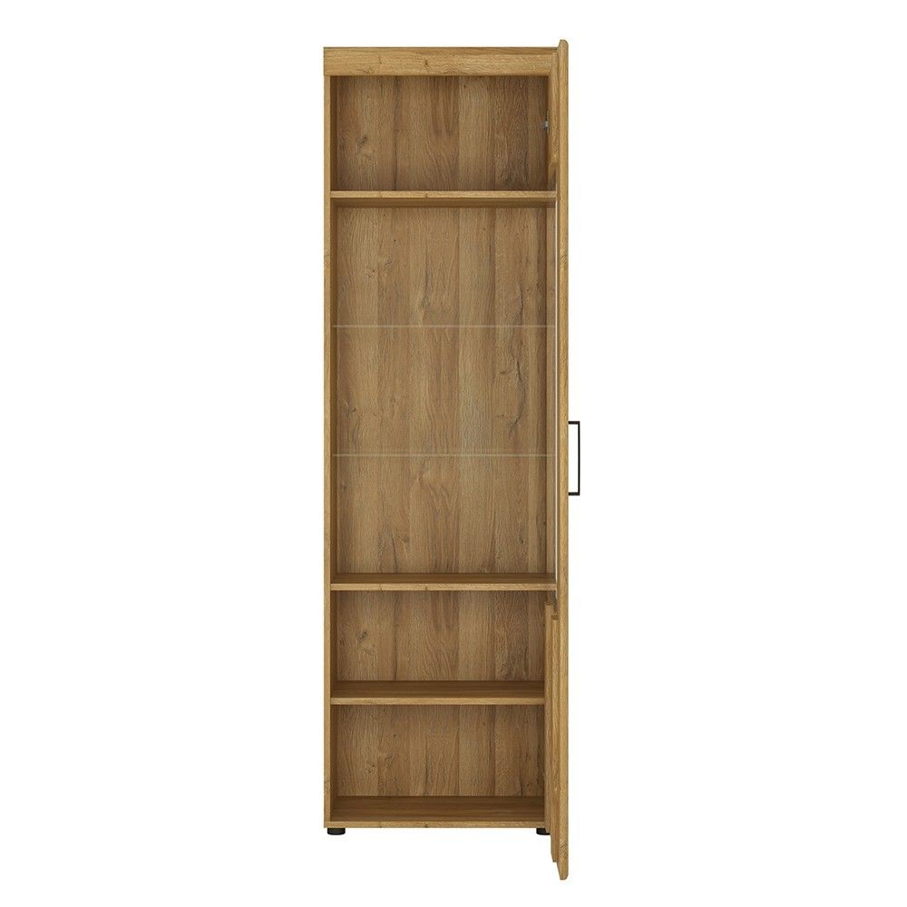 Narrow Tall Oak Finish Glazed Display Cabinet With 5 Shelves Traditional