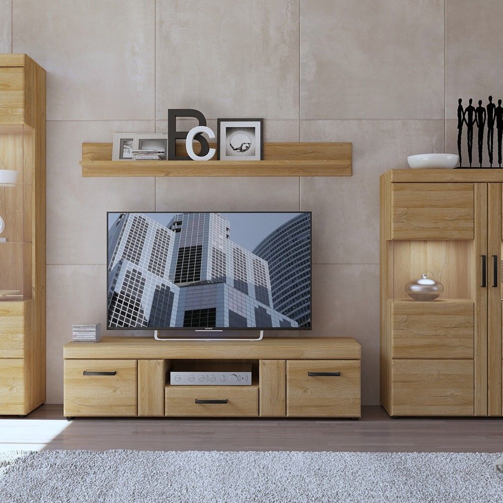 Oak 2 Door 1 Drawer Low TV Media Cabinet 157cm Wide