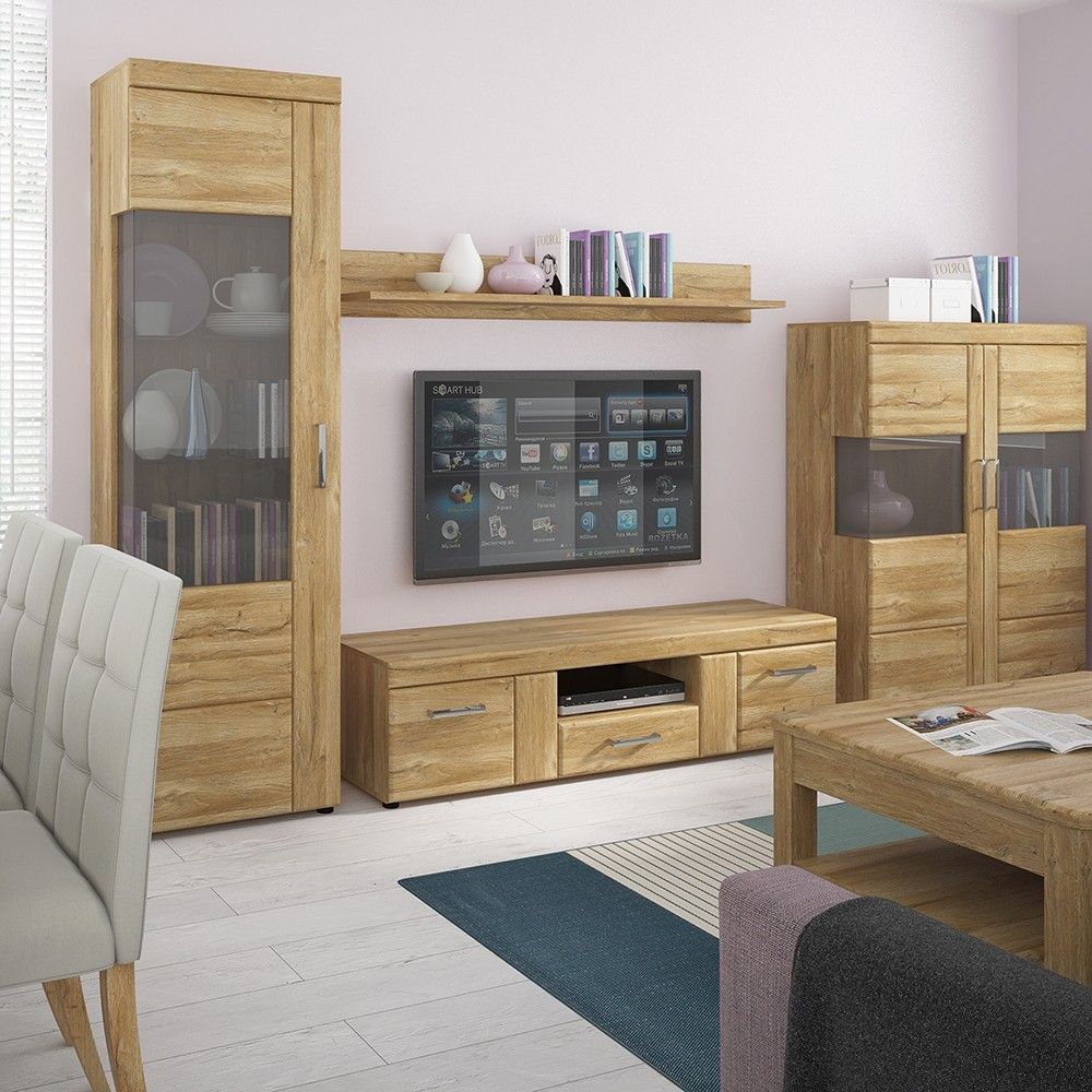 Oak 2 Door 1 Drawer Low TV Media Cabinet 157cm Wide