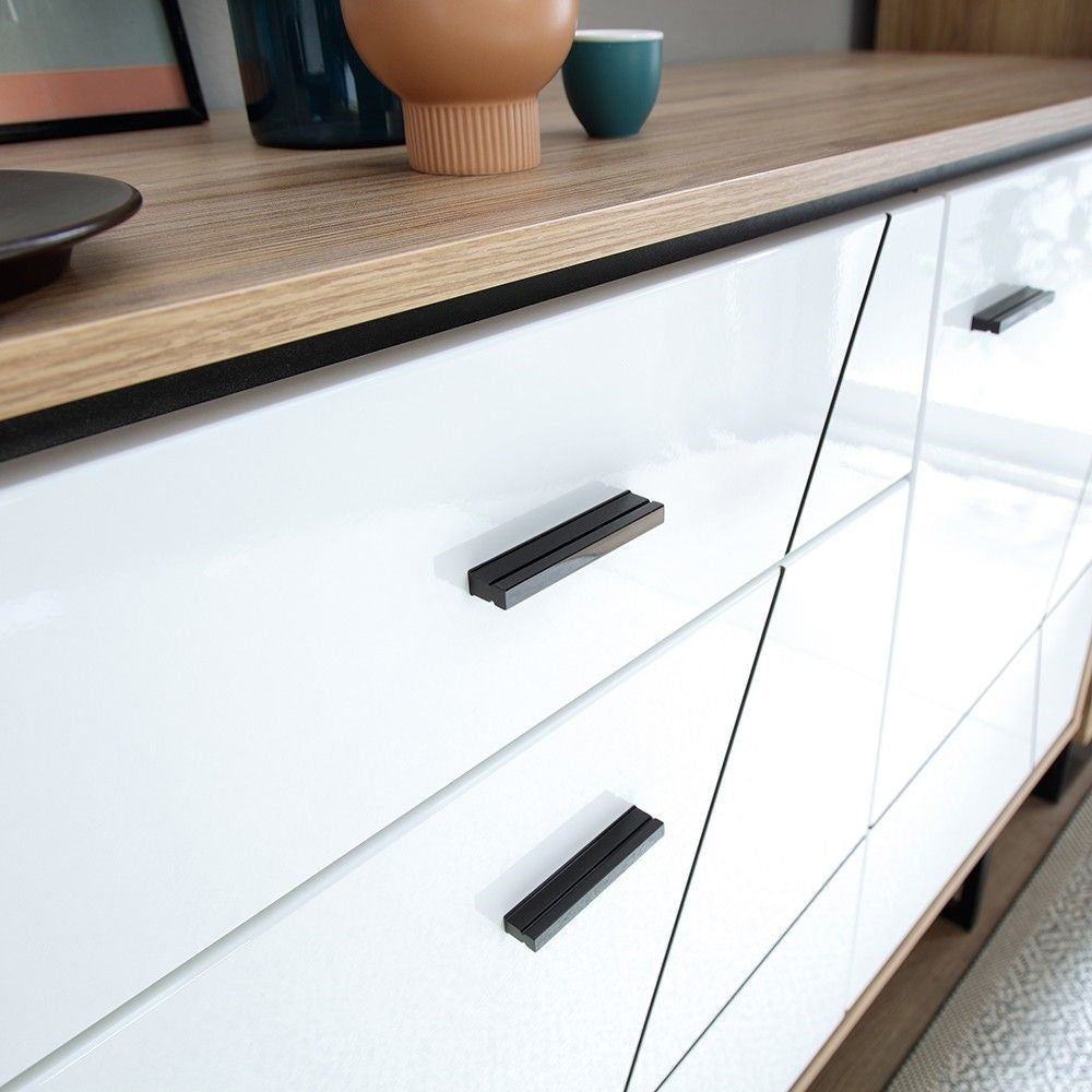 Wide Walnut and White 3 Door 1 Drawer Sideboard With Metal Handles