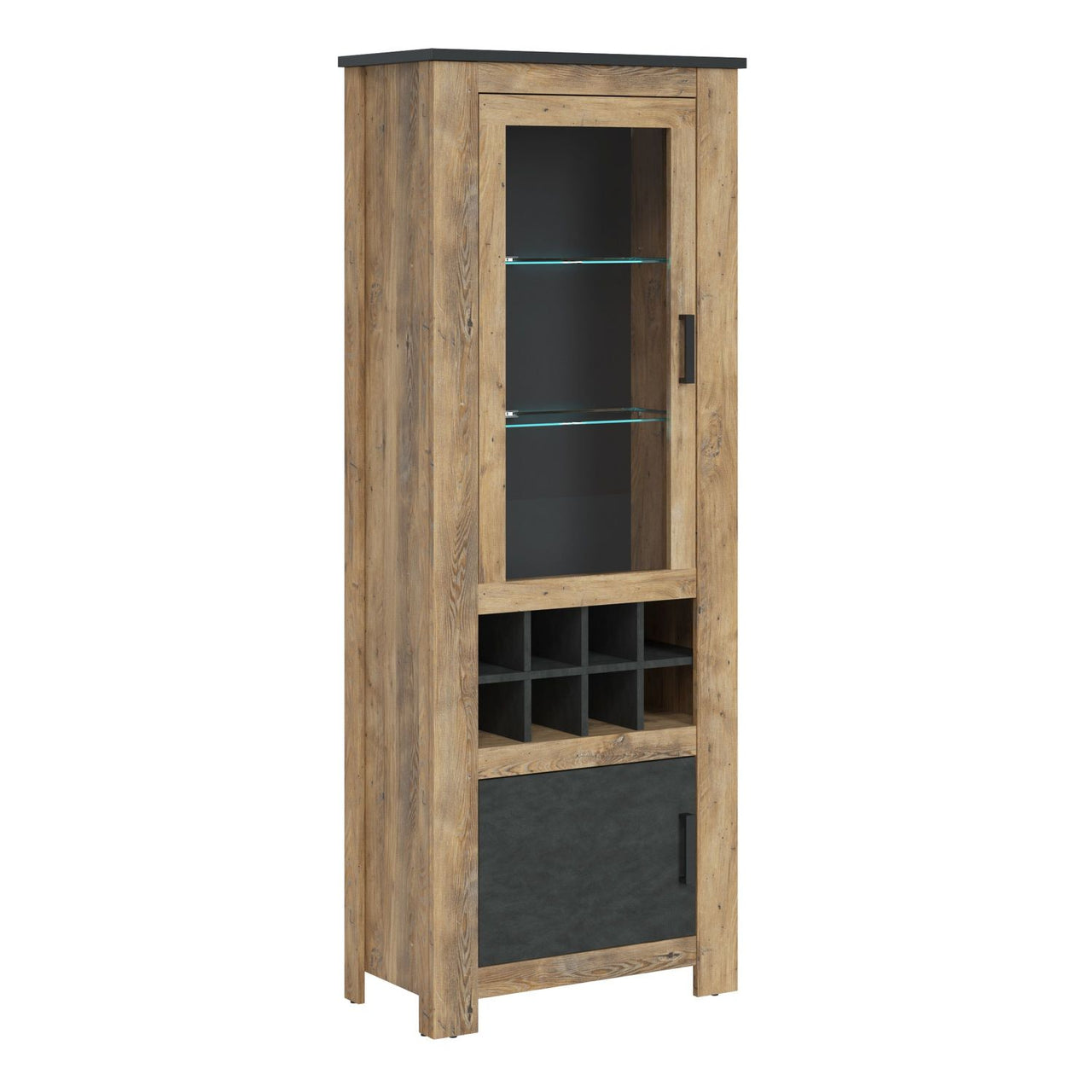 2 door display cabinet With wine rack in Chestnut and Matera Grey