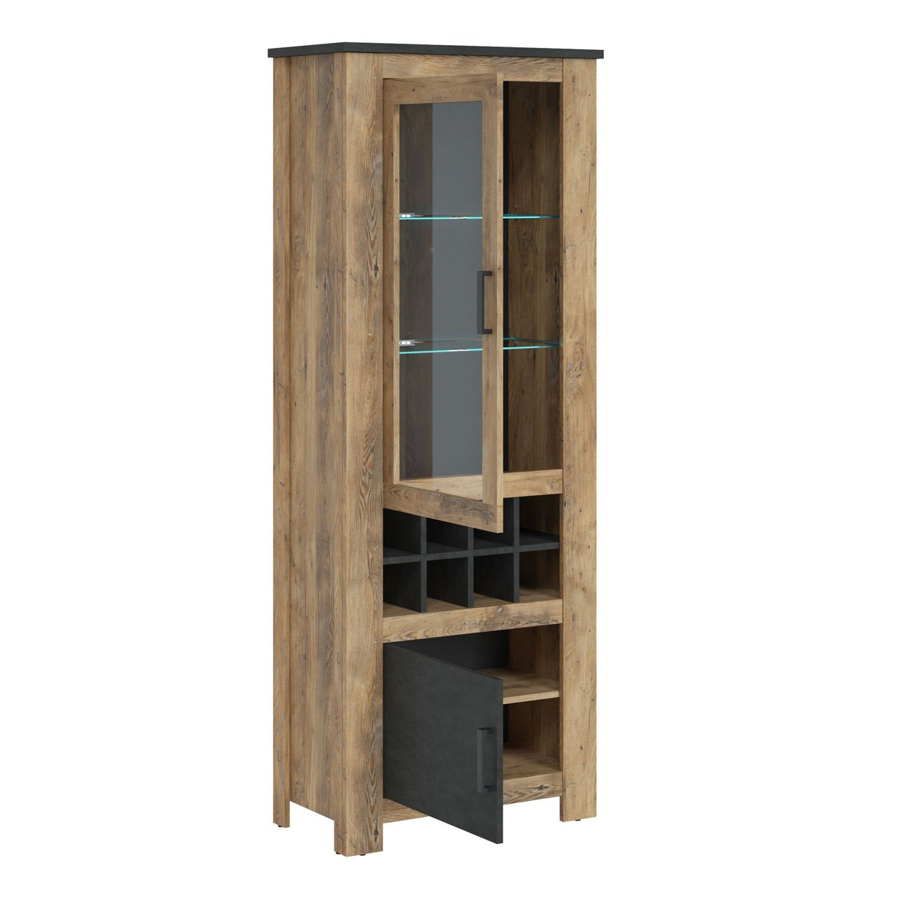 2 door display cabinet With wine rack in Chestnut and Matera Grey