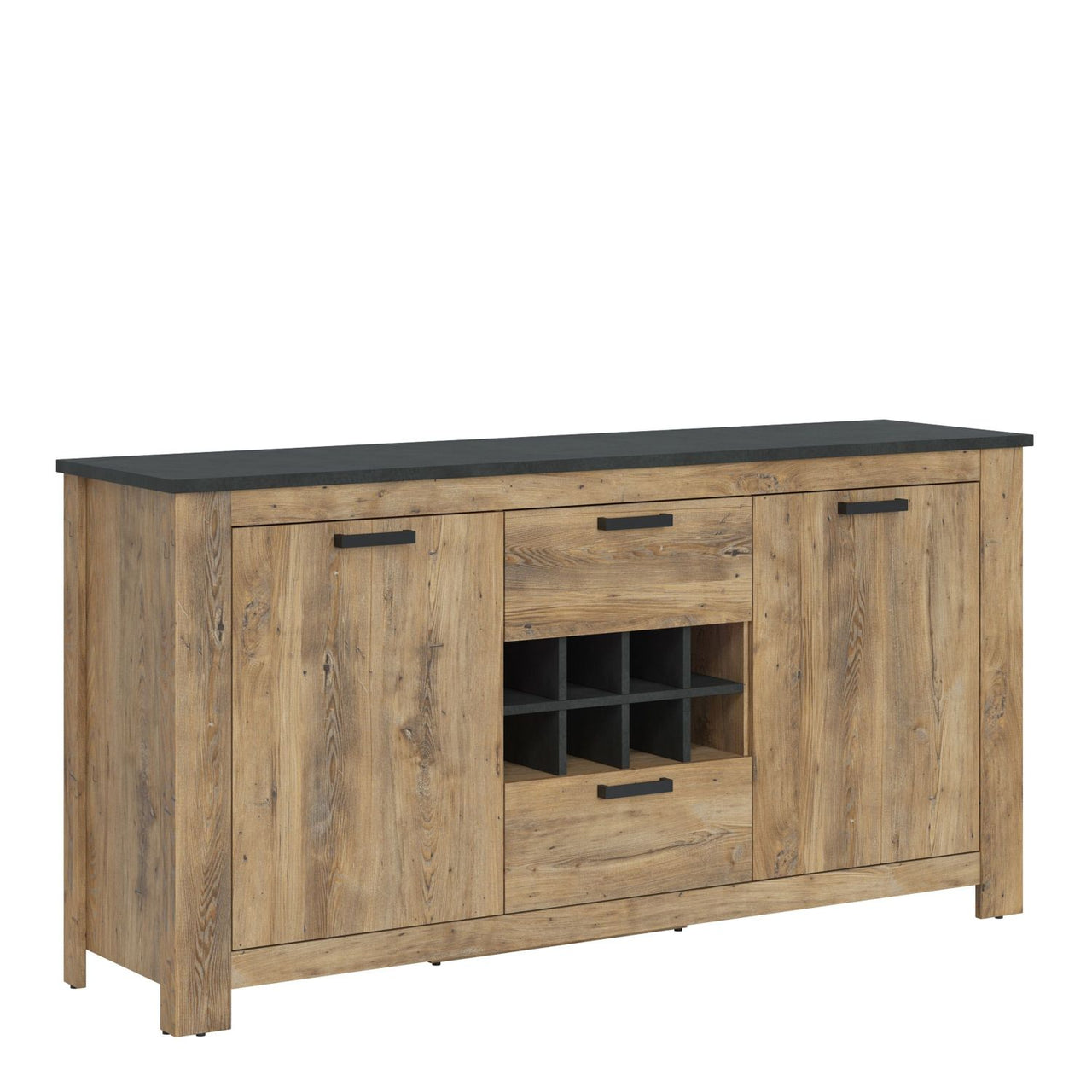 2 door 2 drawer sideboard With wine rack in Chestnut and Matera Grey