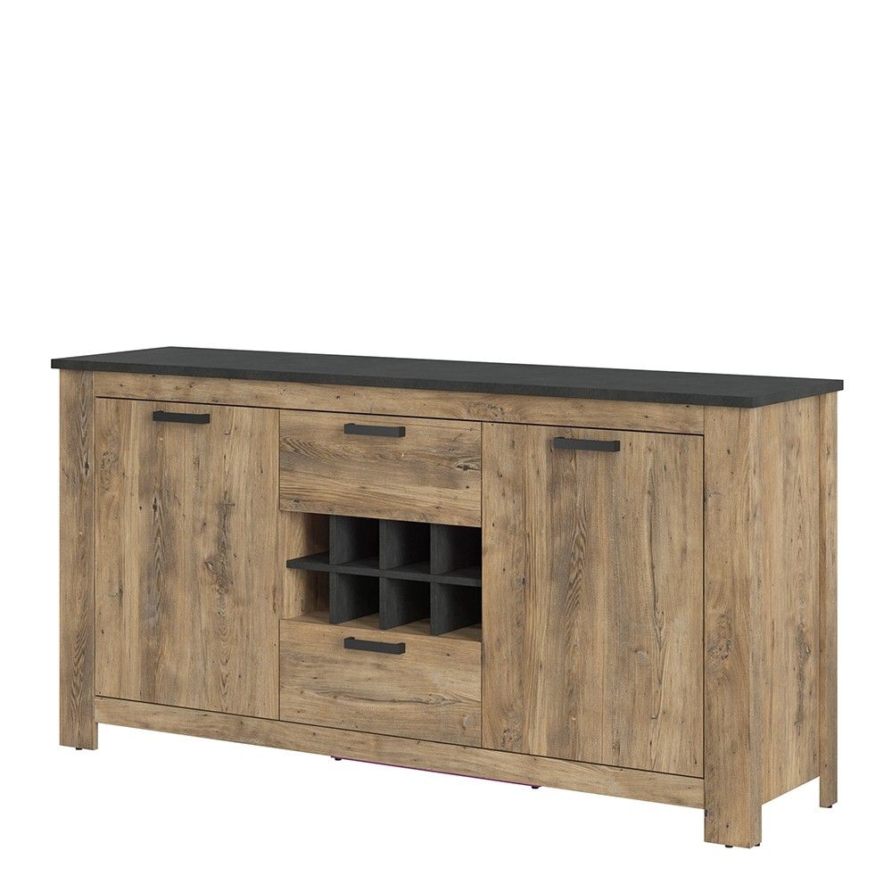 2 door 2 drawer sideboard With wine rack in Chestnut and Matera Grey