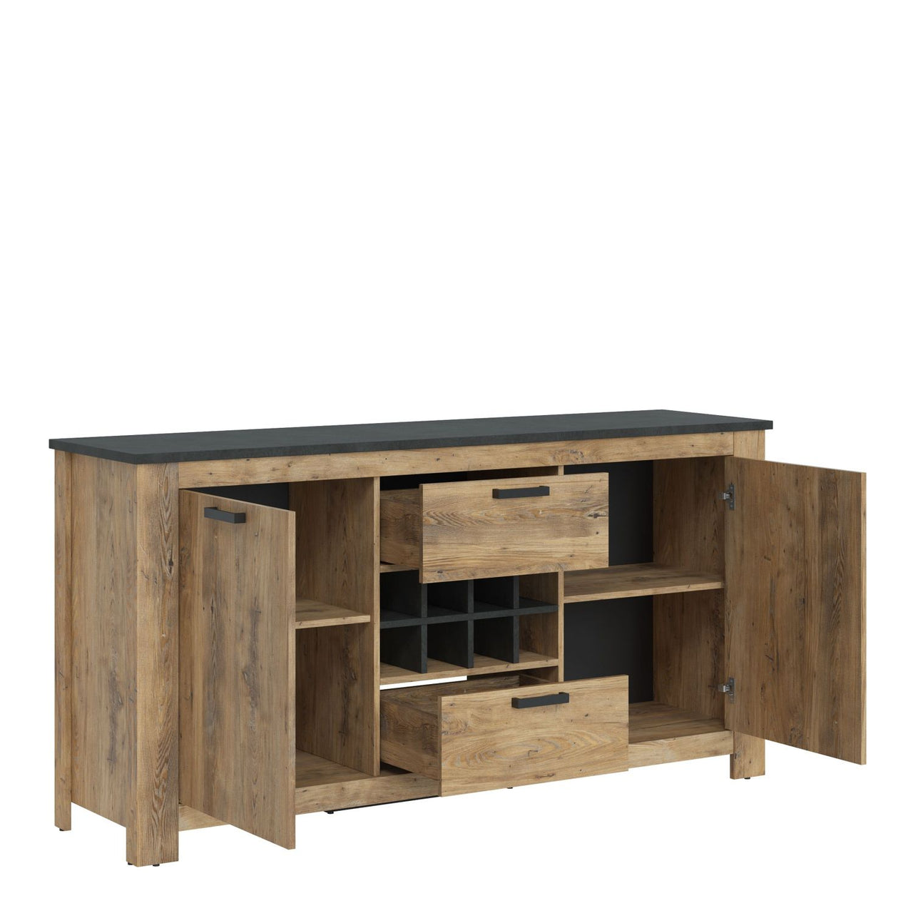 2 door 2 drawer sideboard With wine rack in Chestnut and Matera Grey