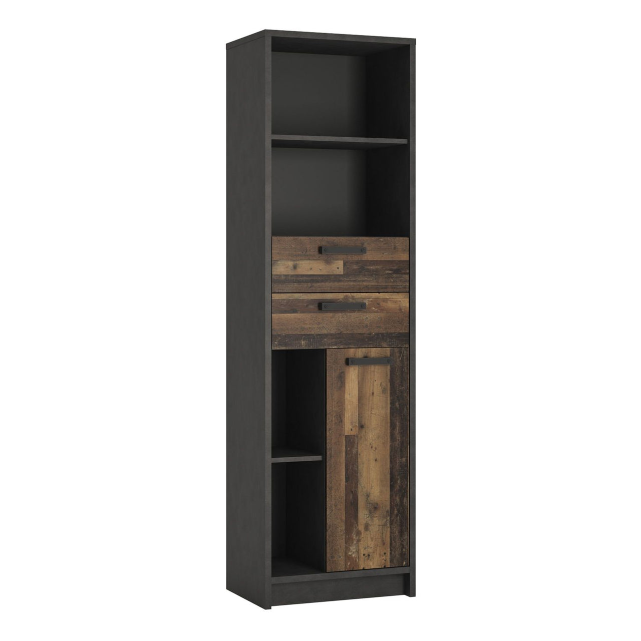 Industrial Brooklyn Dark Matera Grey and Walnut 2 Drawer 1 Door Bookcase