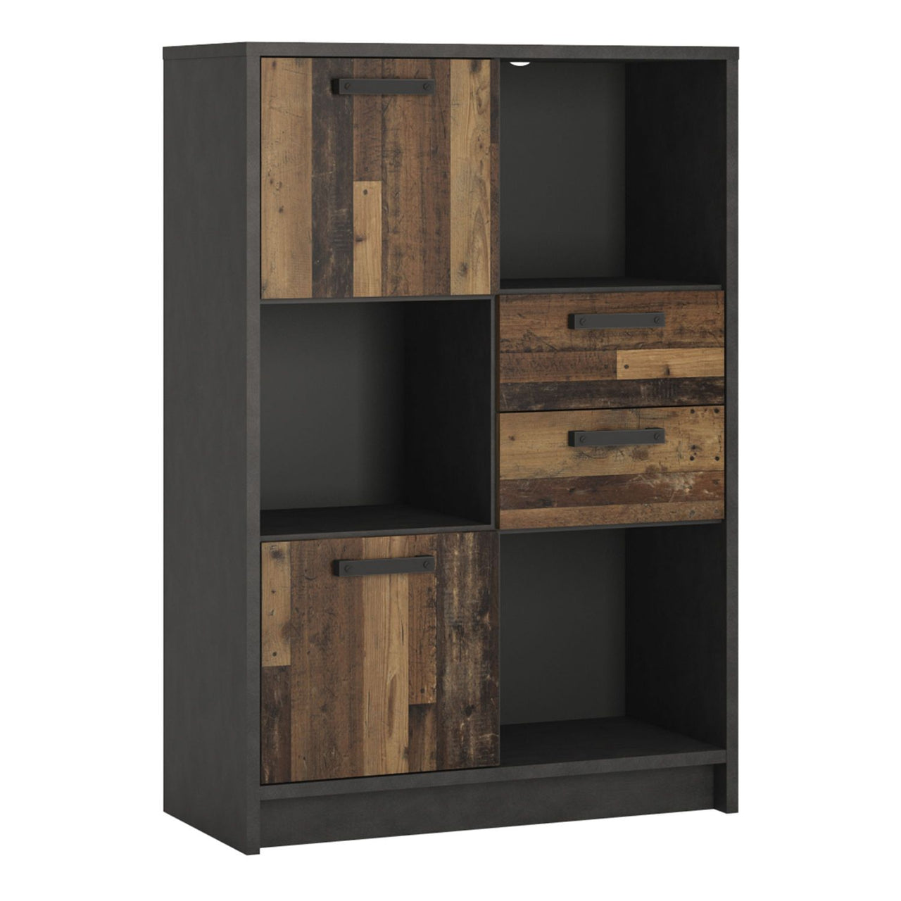 Industrial Brooklyn Dark Matera Grey and Walnut 2 Door 2 Drawer Low Bookcase