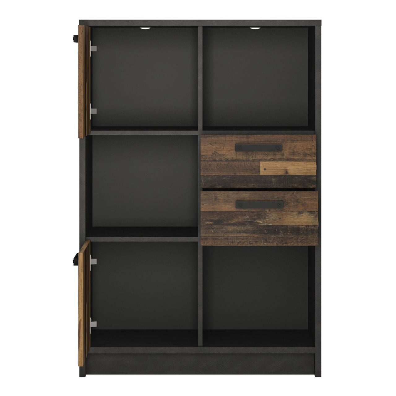 Industrial Brooklyn Dark Matera Grey and Walnut 2 Door 2 Drawer Low Bookcase