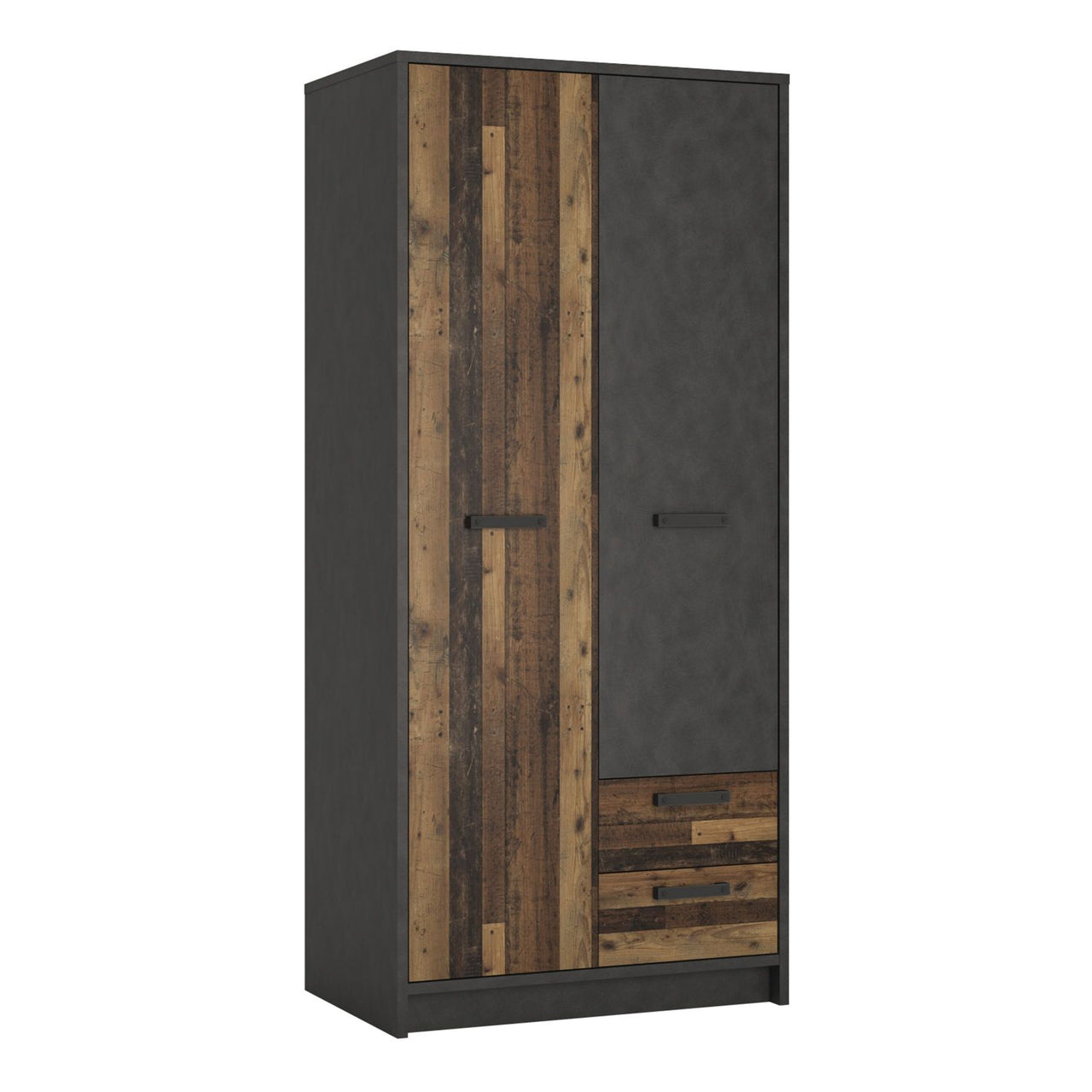 Industrial Brooklyn Dark Matera Grey and Walnut 2 Drawer 2 Door Wardrobe