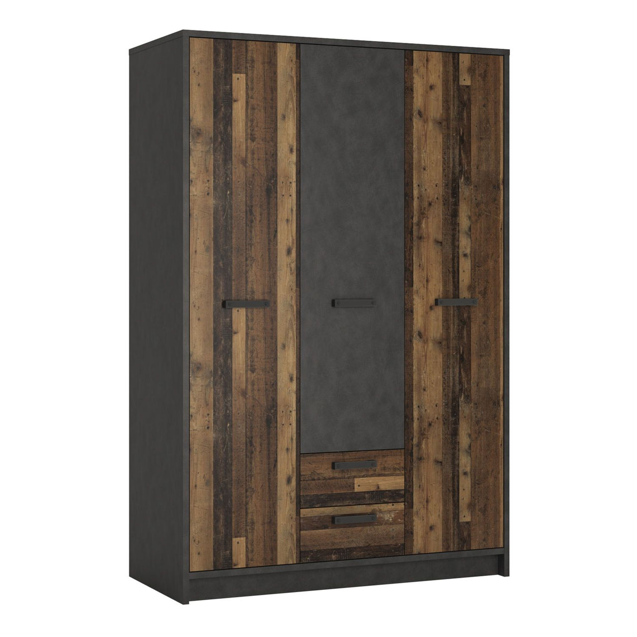 Industrial Brooklyn Dark Matera Grey and Walnut 2 Drawer 3 Door Wardrobe