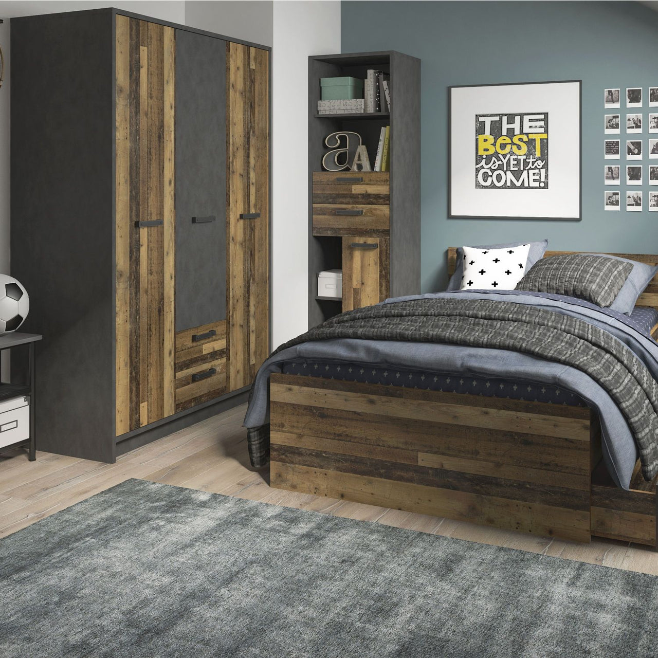 Industrial Brooklyn Dark Matera Grey and Walnut 2 Drawer 3 Door Wardrobe