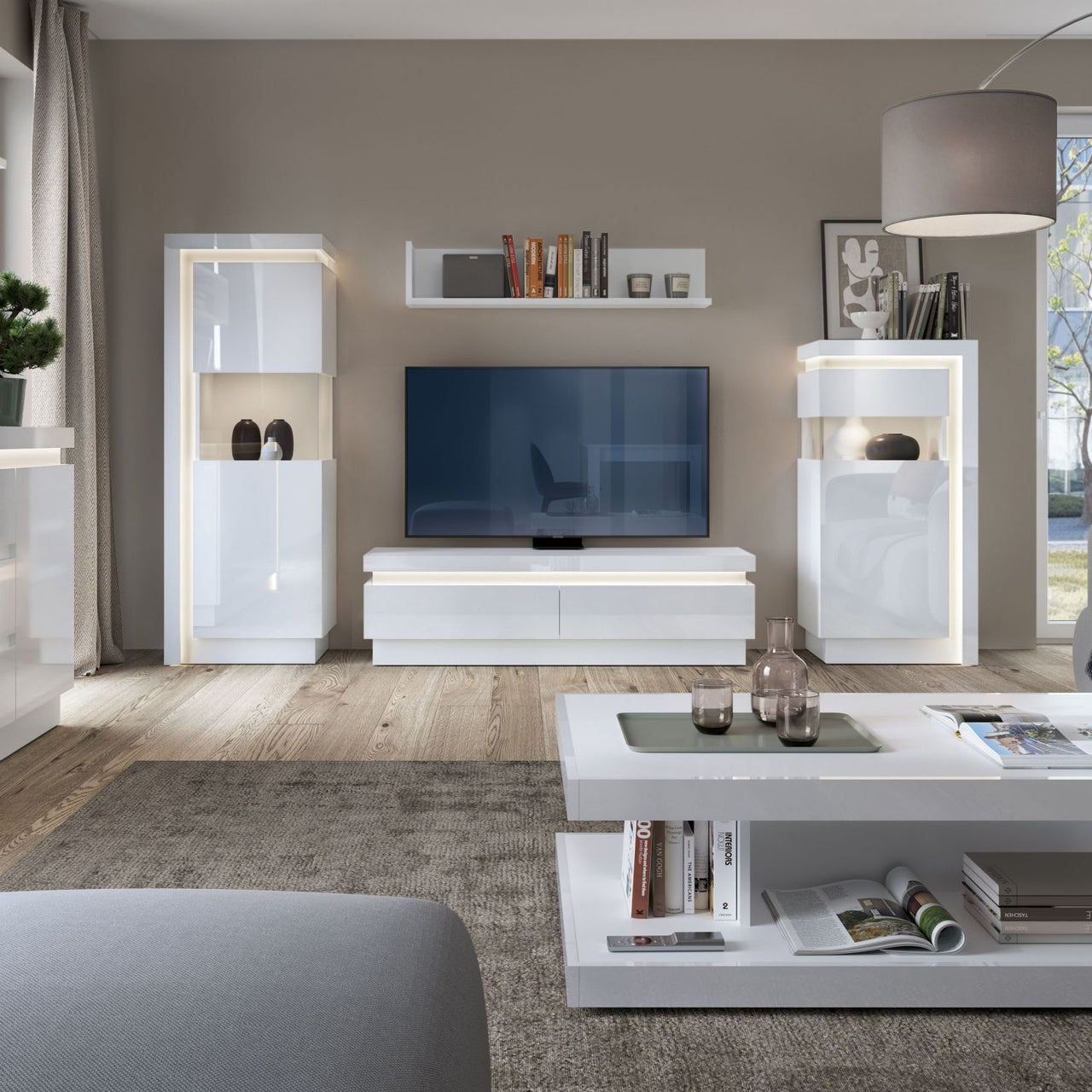 White and High Gloss 2 Drawer TV Cabinet with LED Lighting 41x146cm