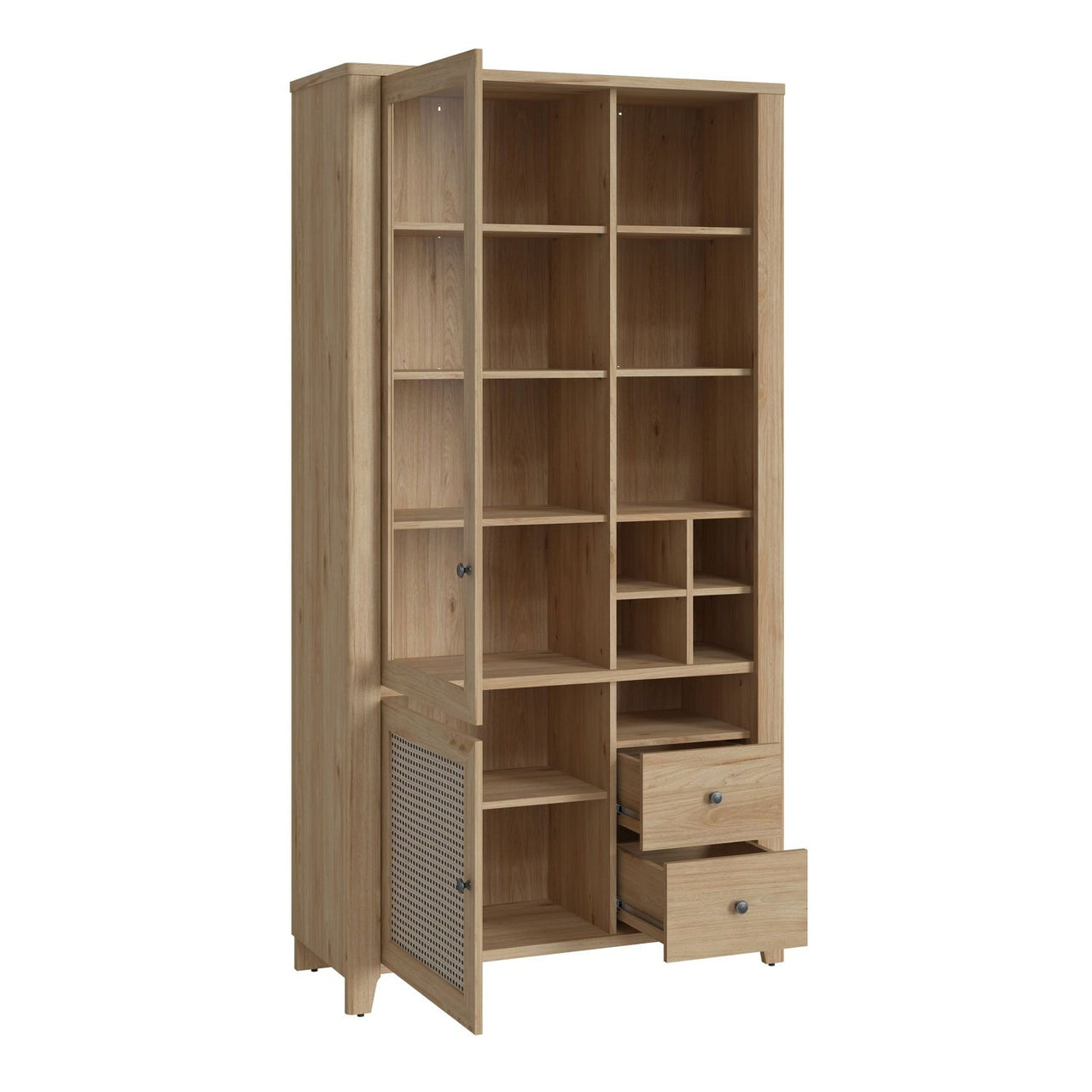 Cestino 2 Door 2 Drawer Display Cabinet in Jackson Hickory Oak and Rattan Effect