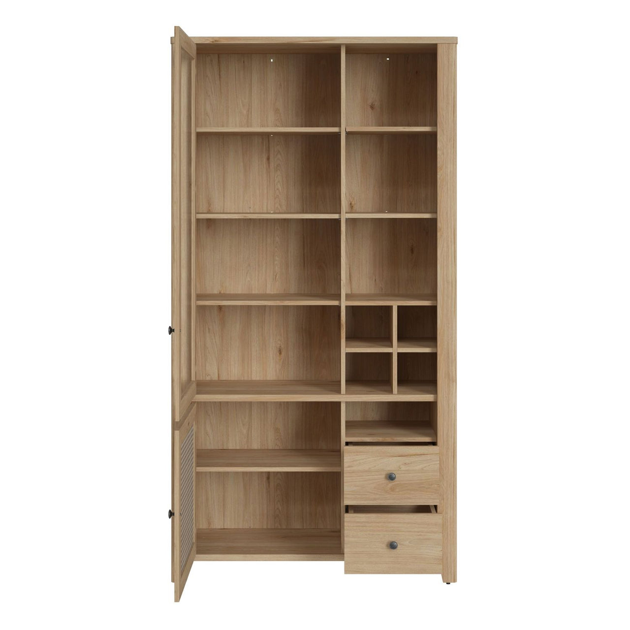 Cestino 2 Door 2 Drawer Display Cabinet in Jackson Hickory Oak and Rattan Effect