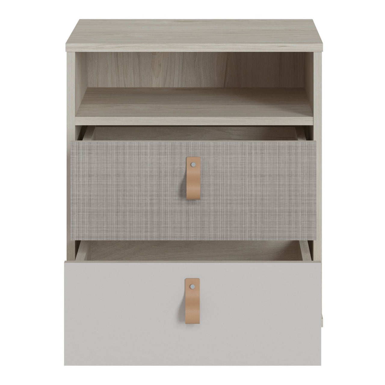 Denim 2 Drawer Bedside Cabinet in Light Walnut, Grey Fabric Effect and Cashmere